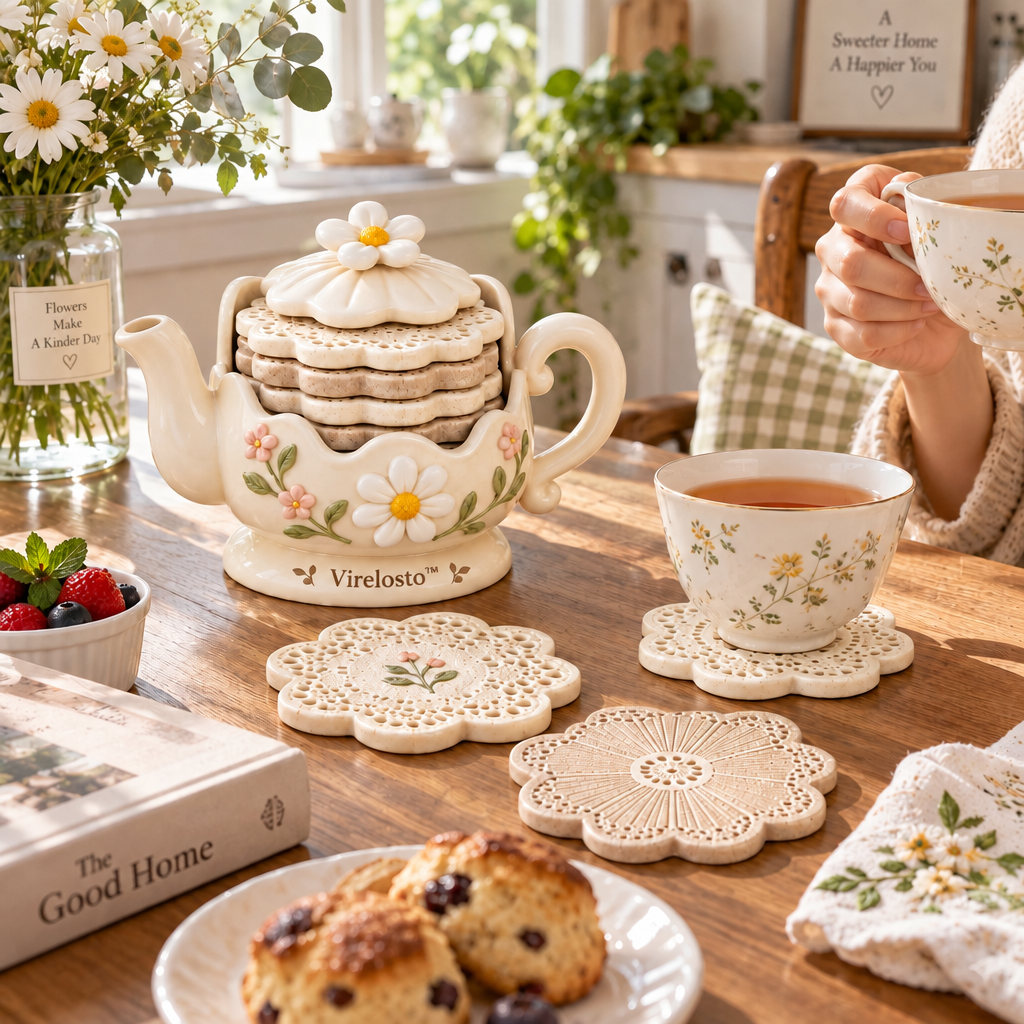Virelosto™ Daisy Teapot Four-Coaster Set