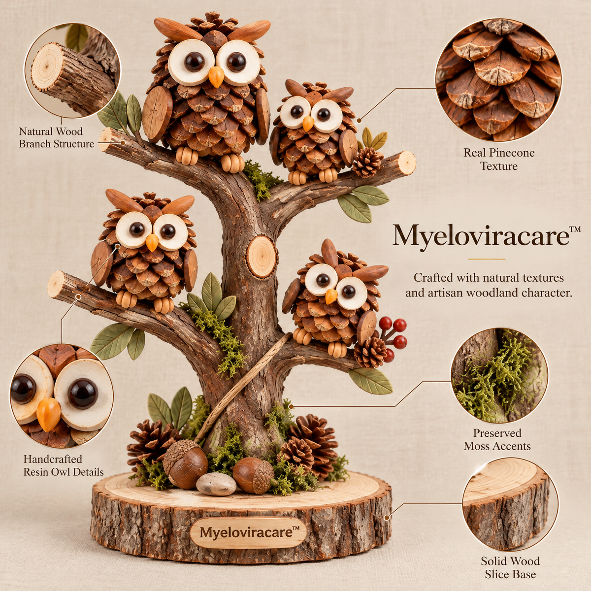 Myeloviracare™ Woodland Pinecone Owl Tree Sculpture